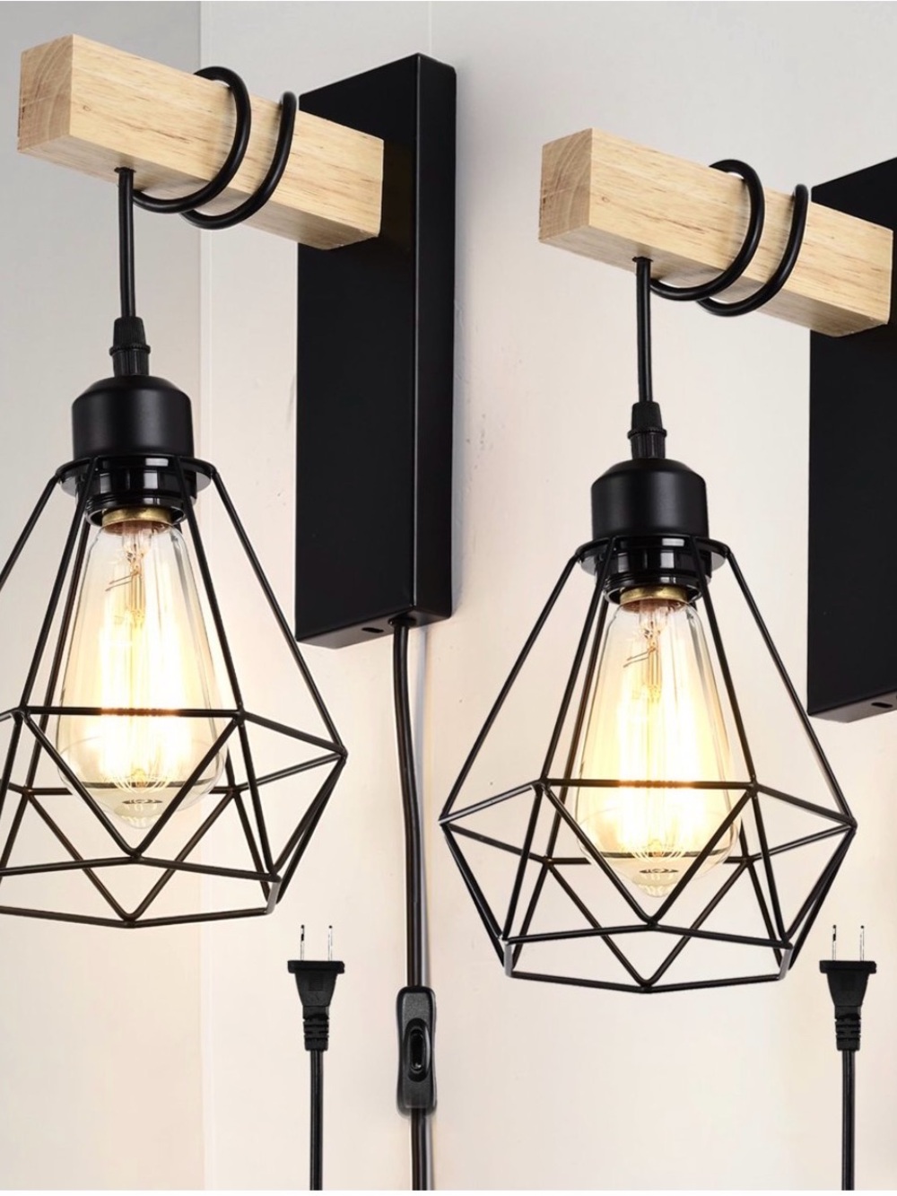 Industrial Black Metal Geometric Wall Sconces with Wood Accent